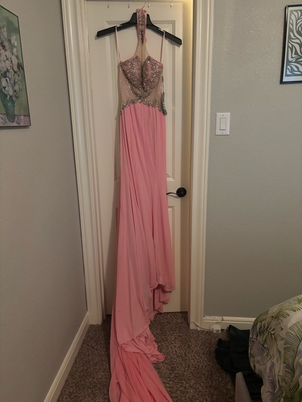 Elegant Pink Beaded Halter Prom Dress with Chiffon Skirt